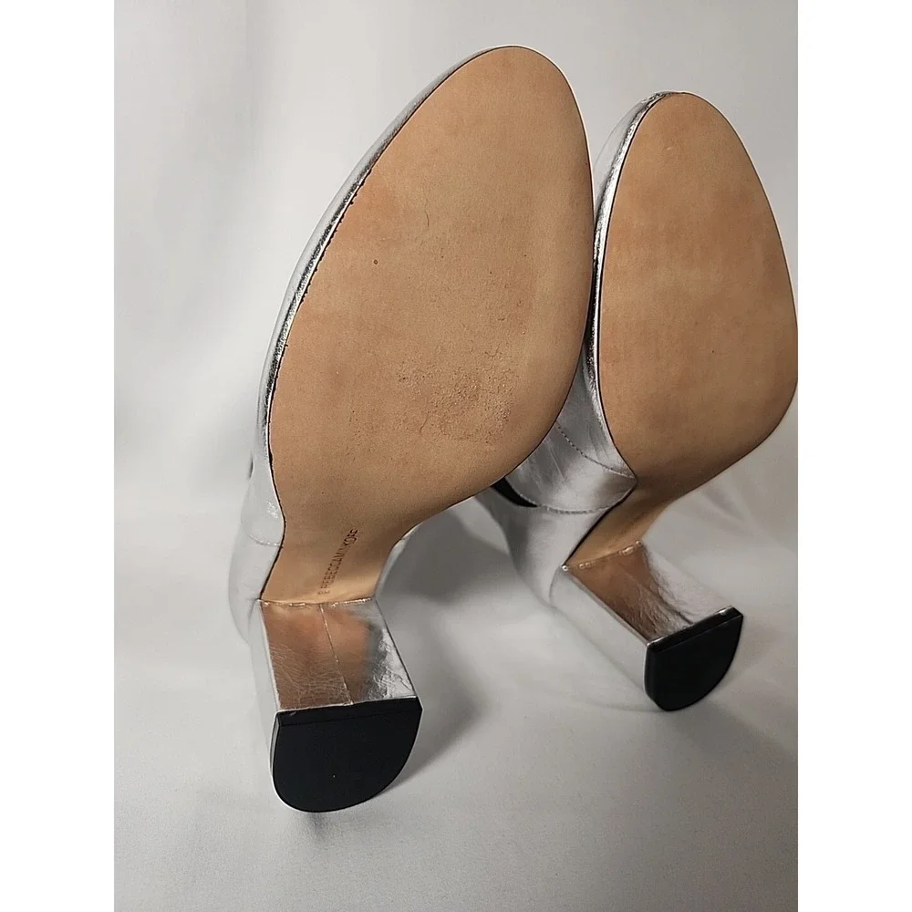 REBECCA MINKOFF Silver Serena Block Heel Slip On Leather Chelsea Booties Women 6